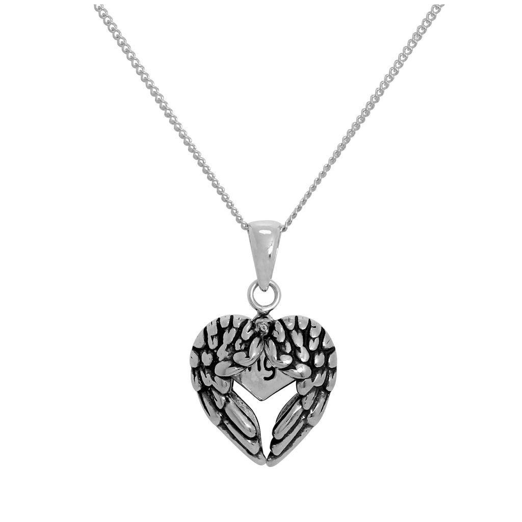 Sterling Silver Opening Angel Wings Heart Pendant with Little Heart Inside on Chain 14 - 32 Inches