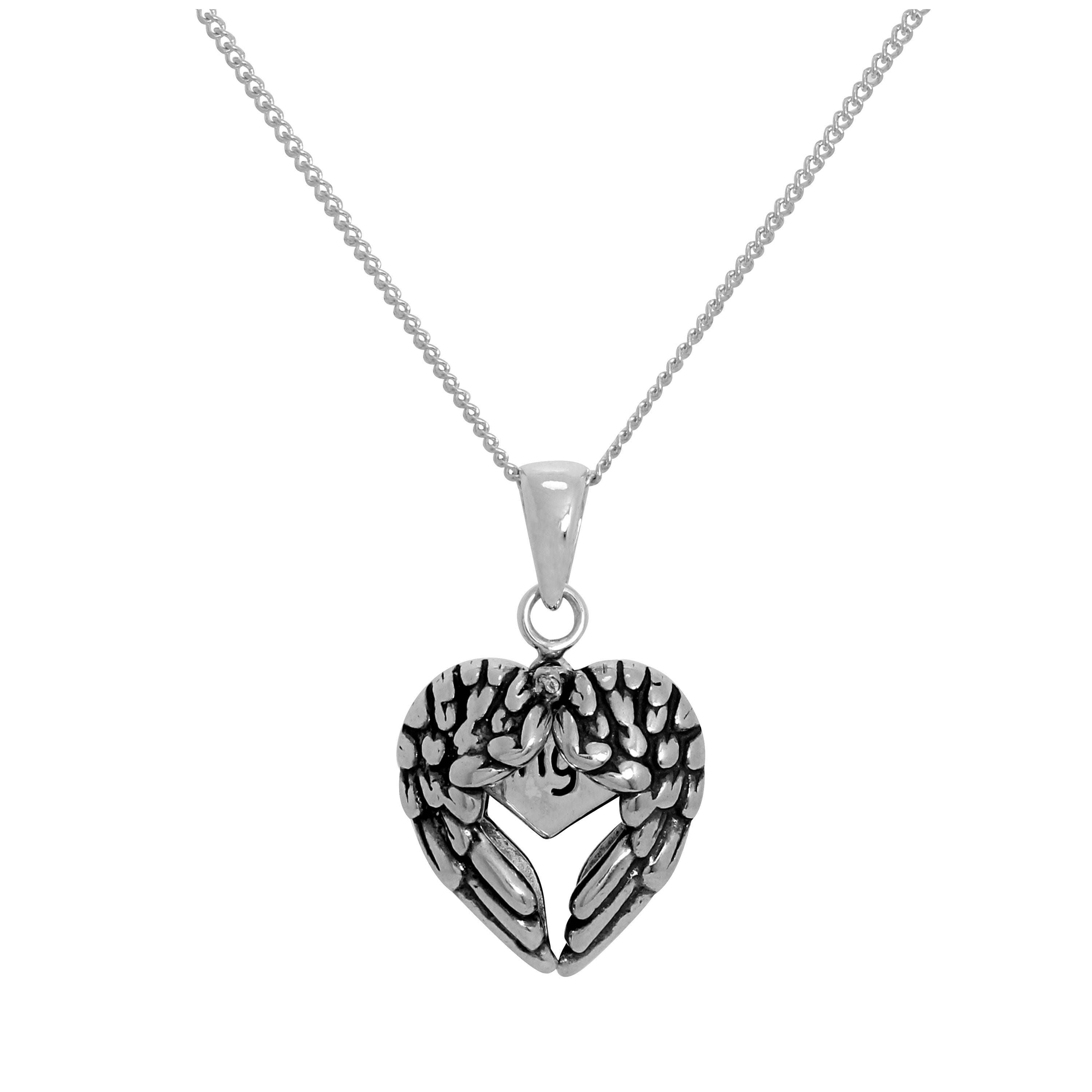 Sterling Silver Opening Angel Wings Heart Pendant with Little Heart Inside on Chain 14 - 32 Inches