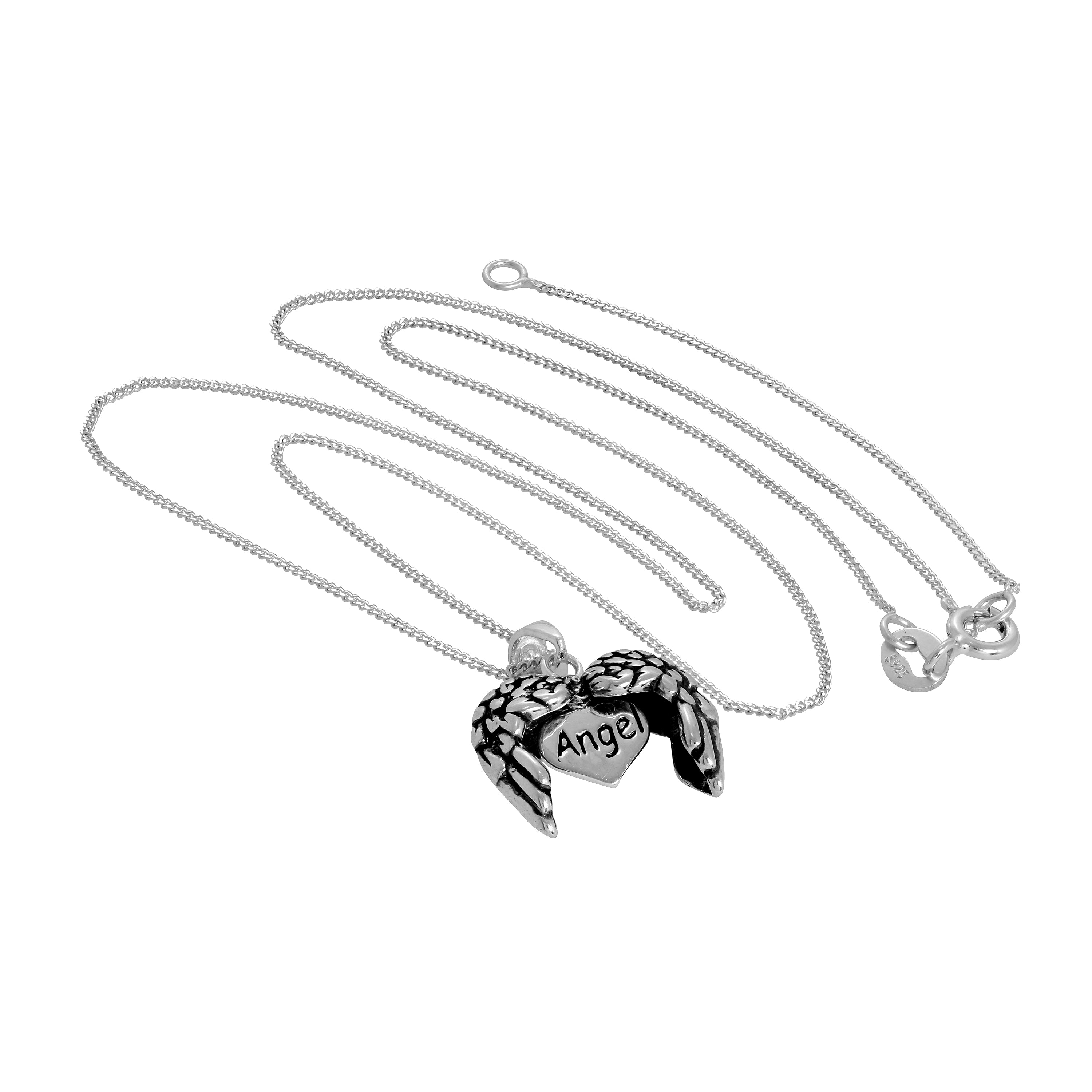 Sterling Silver Opening Angel Wings Heart Pendant with Little Heart Inside on Chain 14 - 32 Inches