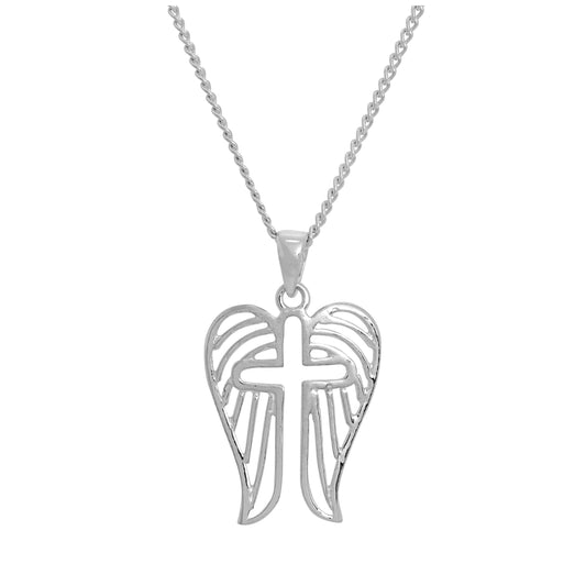 Sterling Silver Open Cross & Angel Wings Pendant Necklace 16 - 24 Inches