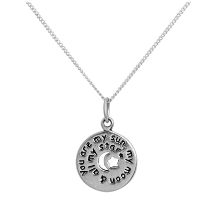 Sterling Silver Round Message Pendant with Cut Out Moon & Stars on Chain 14 - 32 Inches