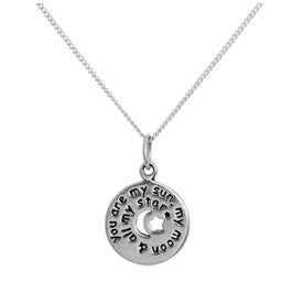 Sterling Silver Round Message Pendant with Cut Out Moon & Stars on Chain 14 - 32 Inches