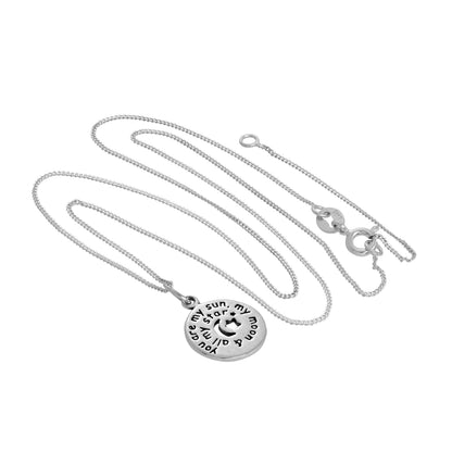 Sterling Silver Round Message Pendant with Cut Out Moon & Stars on Chain 14 - 32 Inches