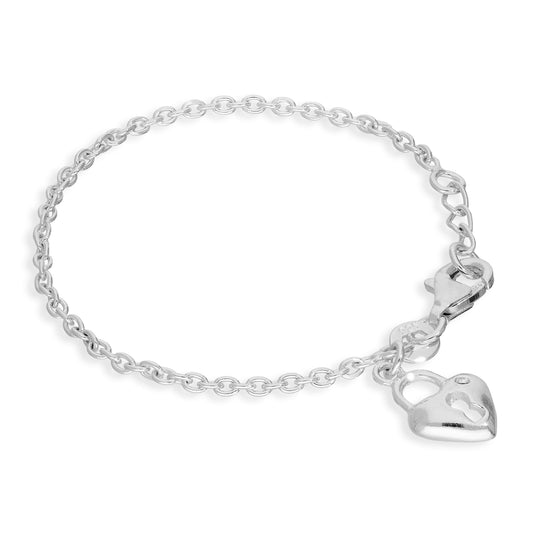 Sterling Silver & Clear CZ Crystal 5 Inch Child Heart Padlock Bracelet