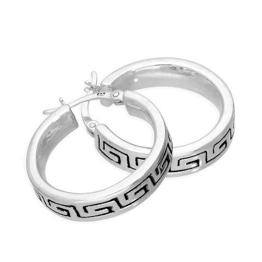 Large Sterling Silver Greek Key Patterned Hoop Earrings