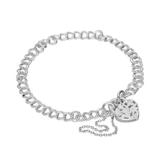 Sterling Silver Double Curb Chain Charm Bracelet with Heart Padlock 6 Inches - 8 Inches