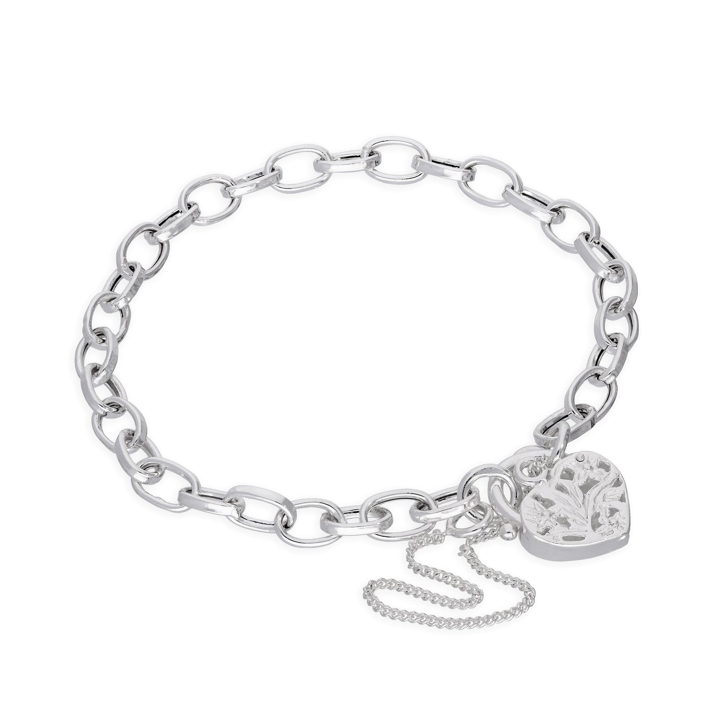 Sterling Silver Belcher Chain Charm Bracelet with Heart Padlock 6 Inches - 8 Inches