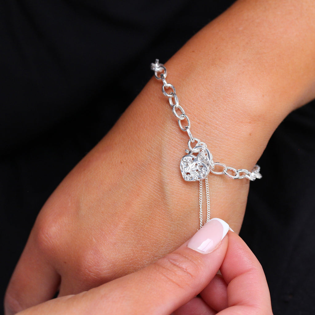 Sterling Silver Belcher Chain Charm Bracelet with Heart Padlock 6 Inches - 8 Inches
