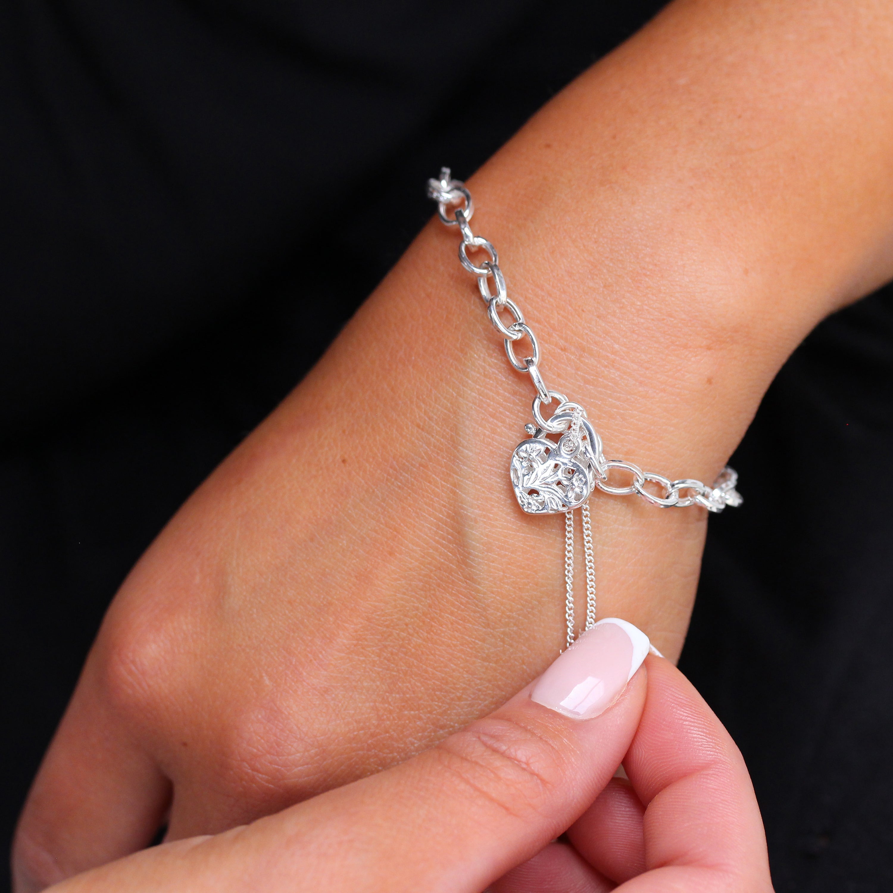 Sterling Silver Belcher Chain Charm Bracelet with Heart Padlock 6 Inches - 8 Inches