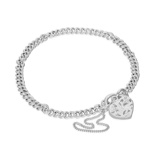 Sterling Silver Curb Chain Charm Bracelet with Heart Padlock 6 Inches - 8 Inches