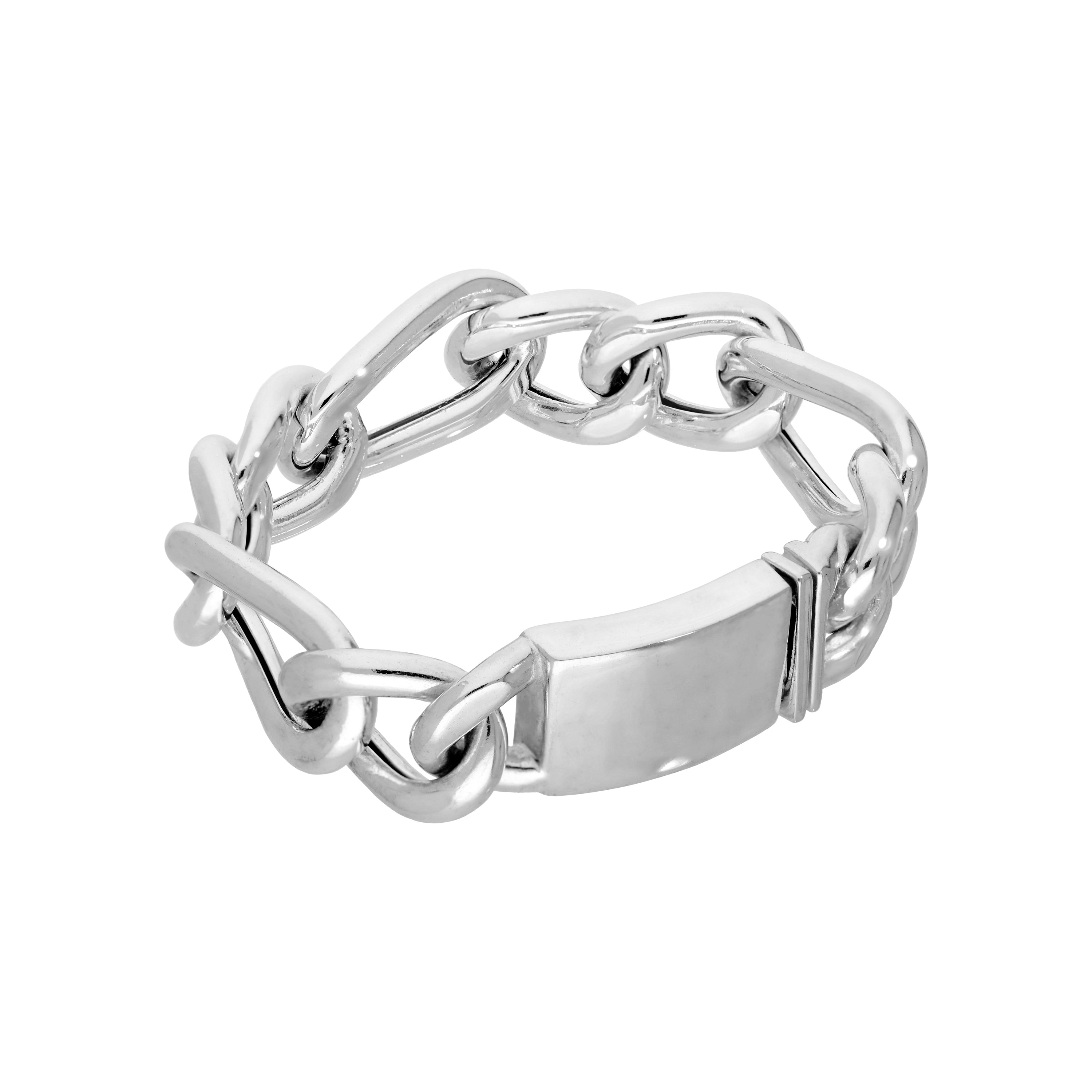 Sterling Silver Mens Thick Heavy 8 Inch Hollow Chain Bracelet w Engravable Clasp