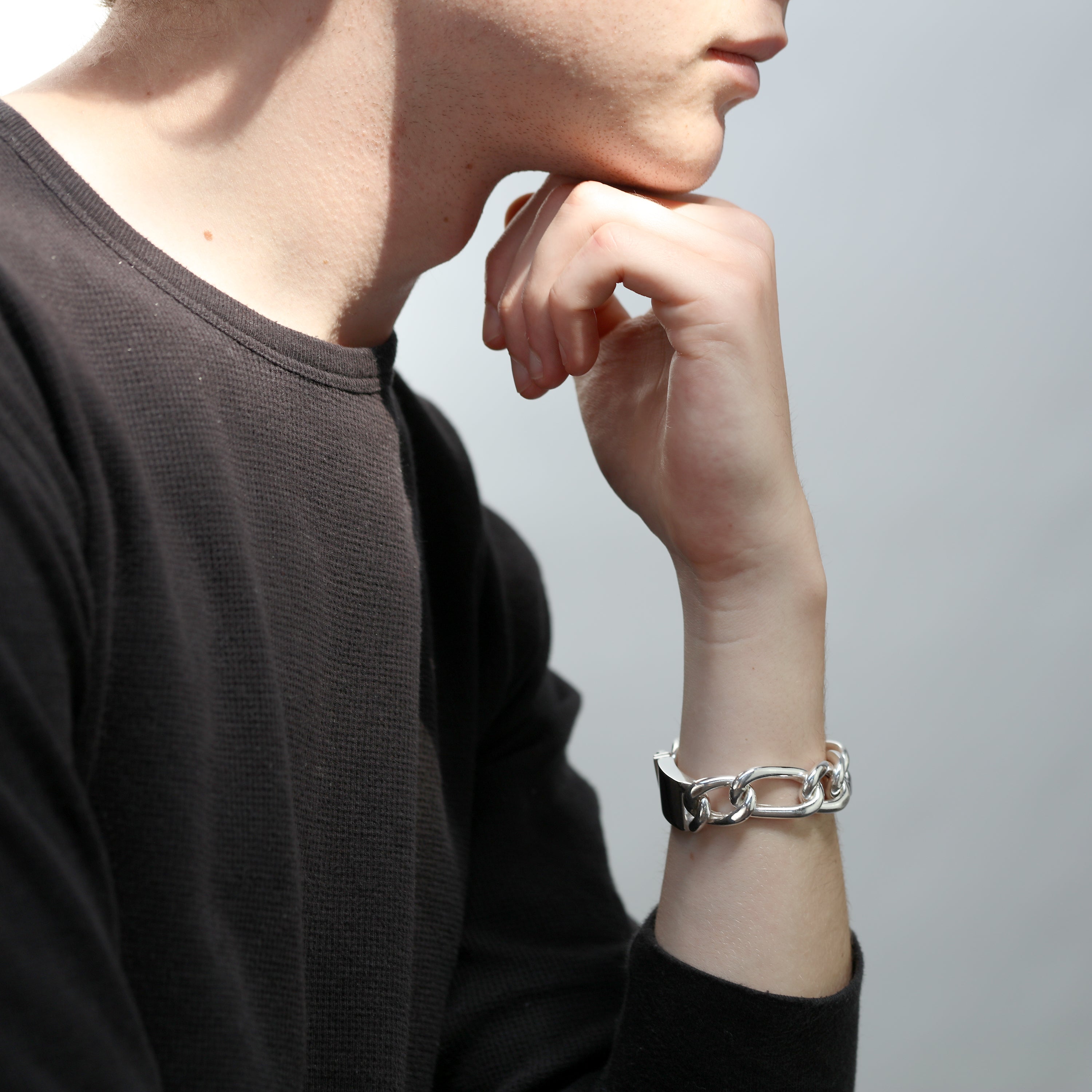 Sterling Silver Mens Thick Heavy 8 Inch Hollow Chain Bracelet w Engravable Clasp