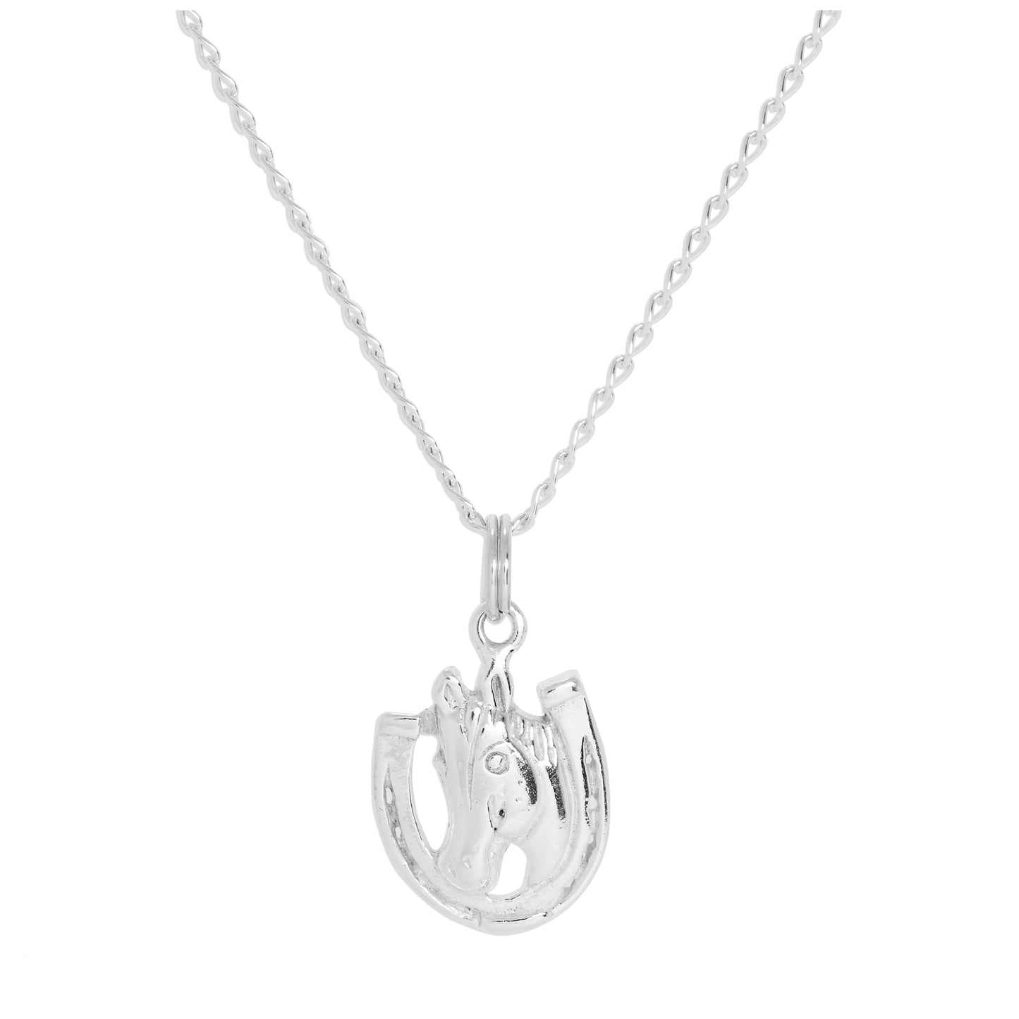 Sterling Silver Horse & Lucky Horseshoe Pendant Necklace 16 - 24 Inches
