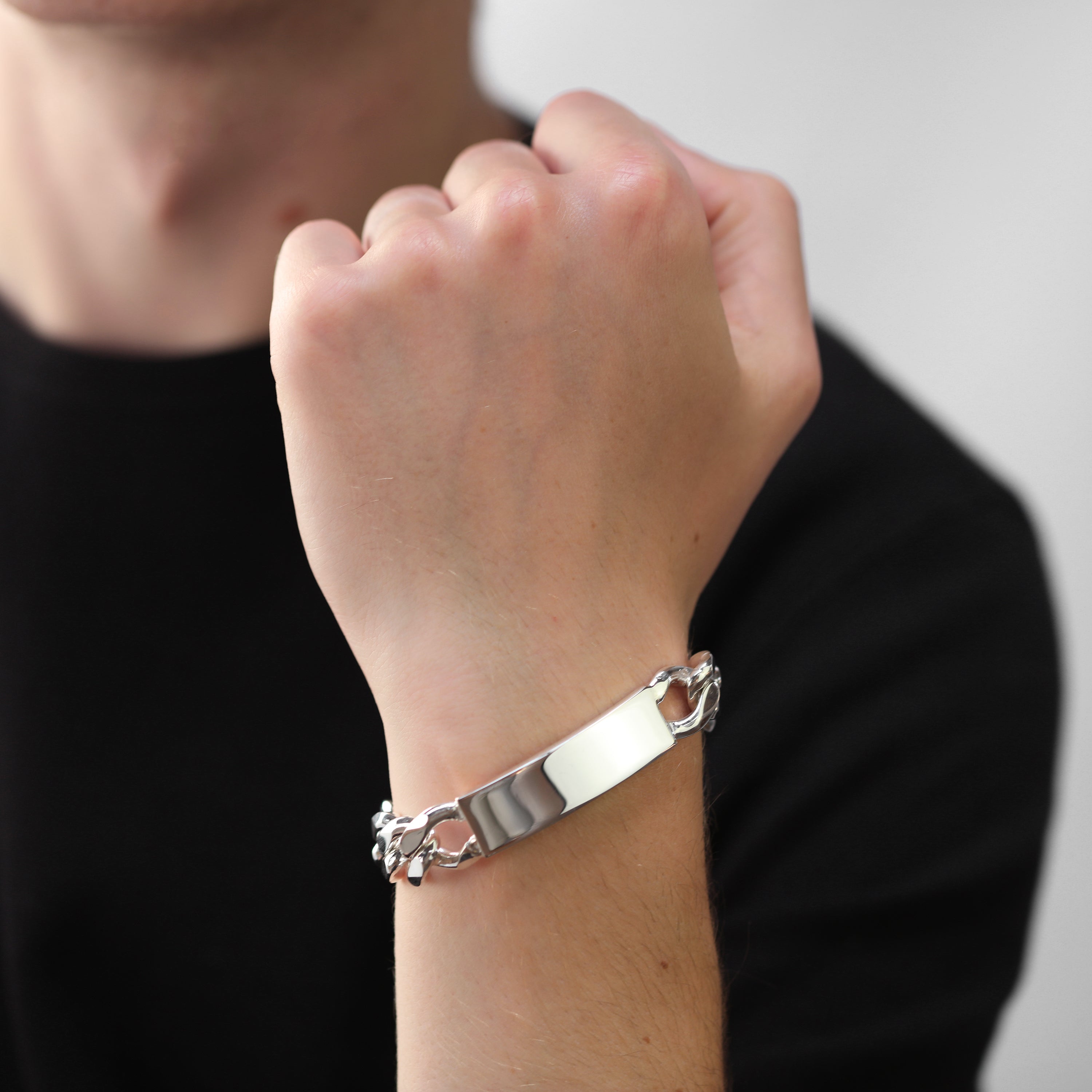 【20/80】STERLING SILVER ID BRACELET Sterling Silver Thick Heavy 15mm Curb Mens 8 Inch ID Bracelet