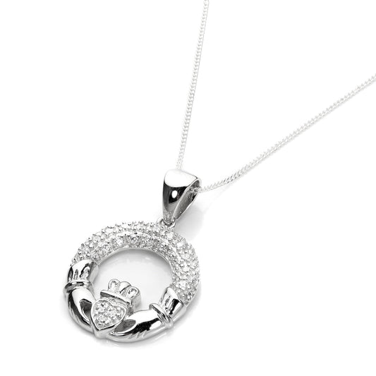 Sterling Silver Clear CZ Claddagh Pendant Necklace
