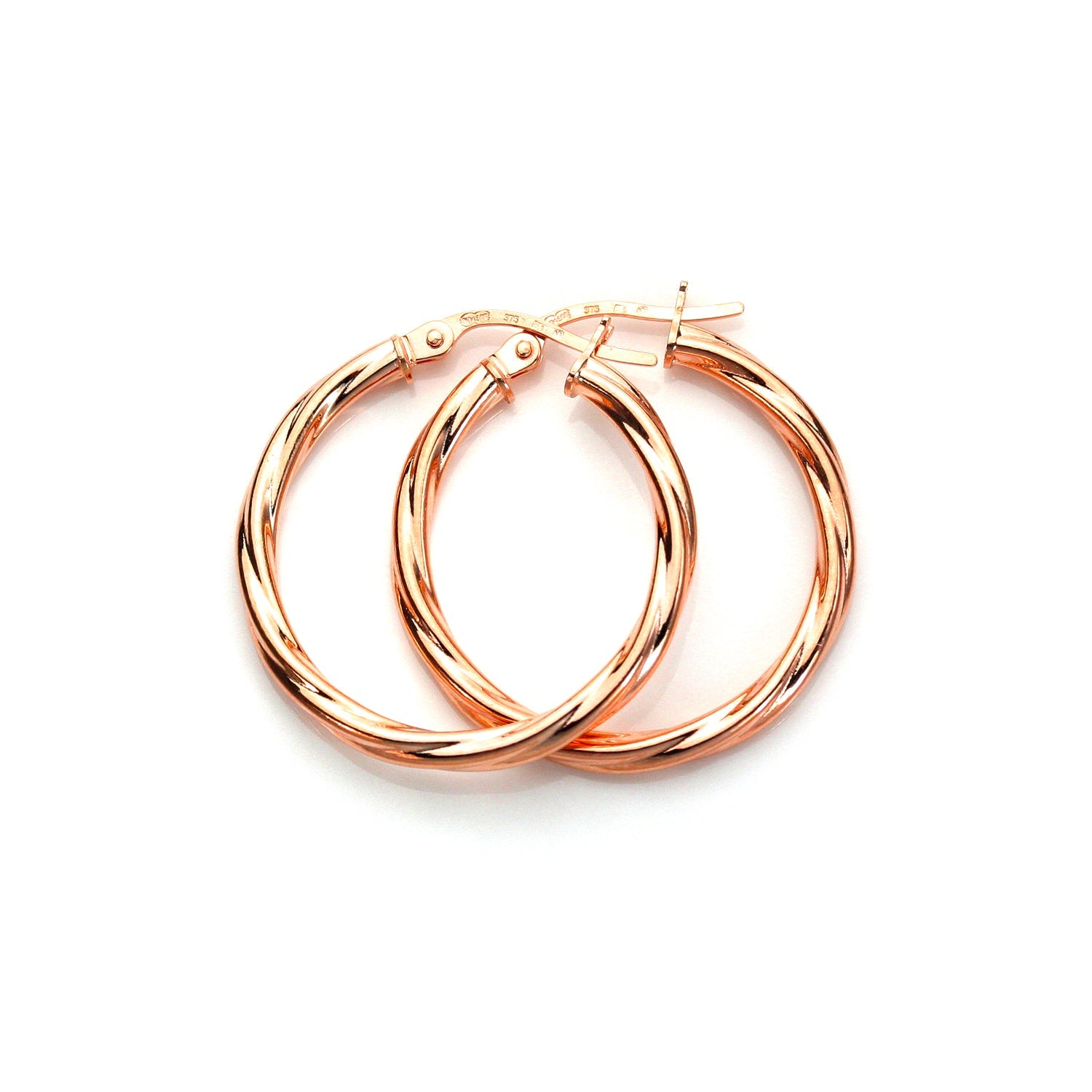 9ct Rose Gold Twisted Sleeper Hoop Earrings - 10mm 15mm 20mm