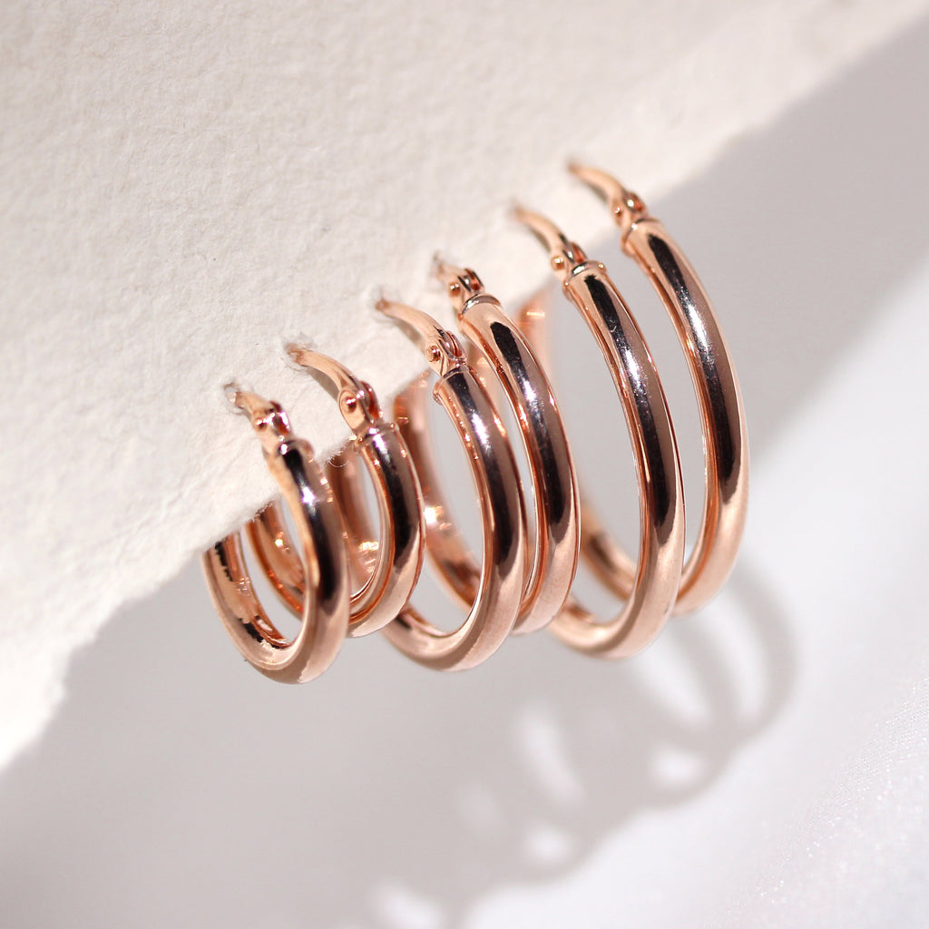 9ct Rose Gold Plain Sleeper Hoop Earrings - 10mm 15mm 20mm