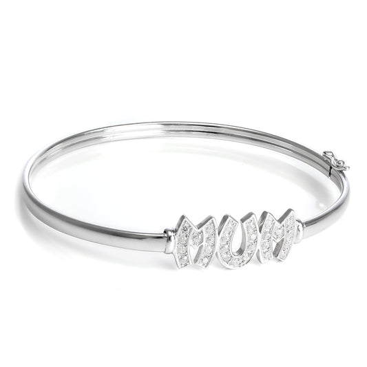 Sterling Silver CZ Crystal Mum Hinged Adult Bangle