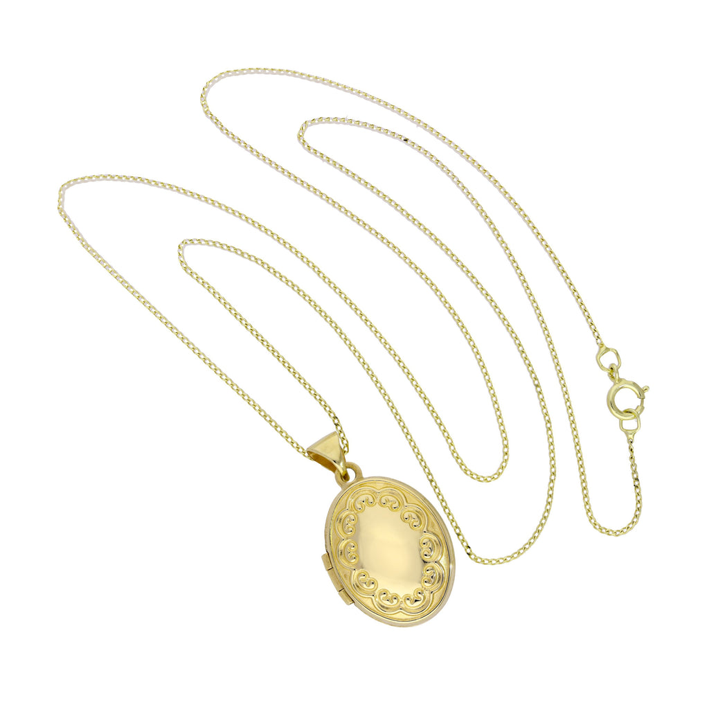 9ct Gold Oval Locket on Chain with Floral Design on Chain 16 - 18 Inches