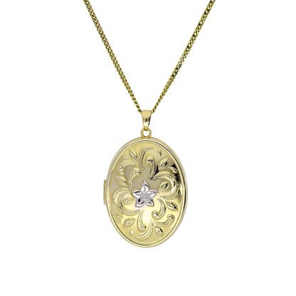 Large 9ct Gold Oval Locket w White Gold Floral Design on Chain 16 - 20 Inches