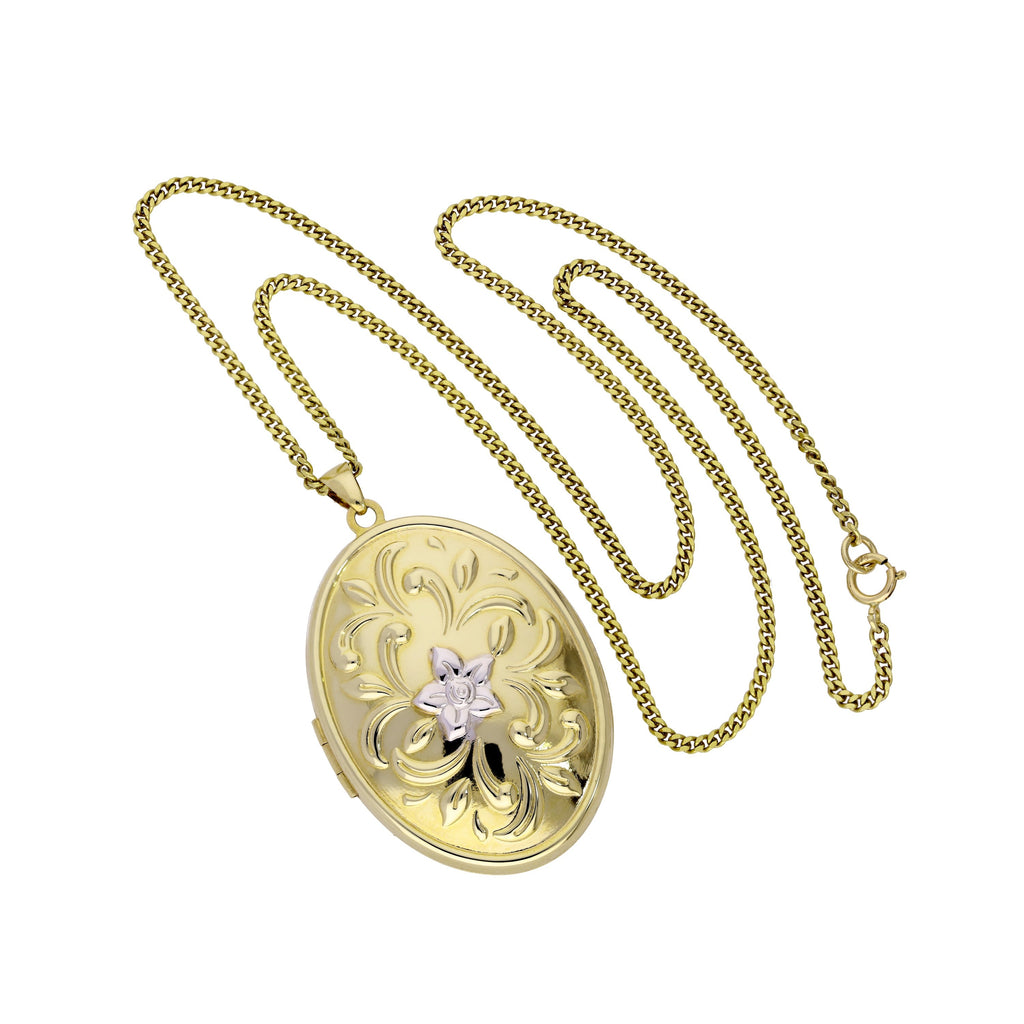 Large 9ct Gold Oval Locket w White Gold Floral Design on Chain 20 - 20 Inches
