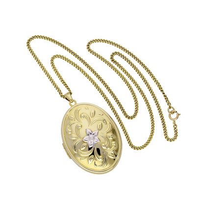 Large 9ct Gold Oval Locket w White Gold Floral Design on Chain 16 - 20 Inches