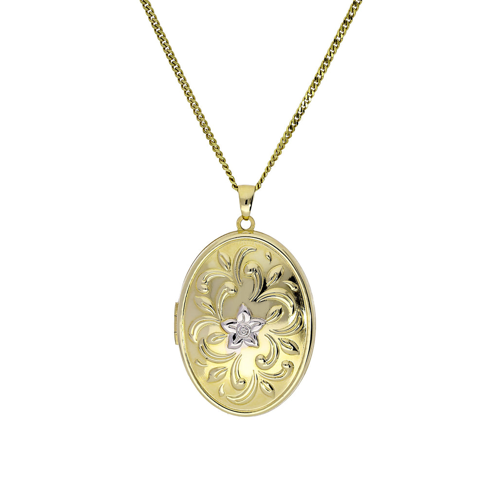 Large 9ct Gold Oval Locket w White Gold Floral Design on Chain 20 - 20 Inches
