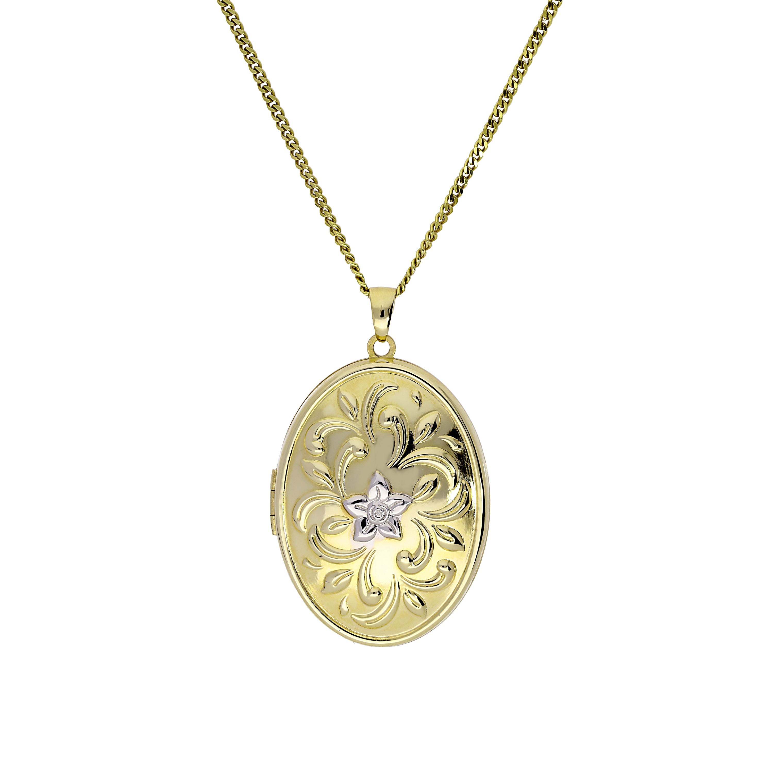 Large 9ct Gold Oval Locket w White Gold Floral Design on Chain 20 - 20 Inches