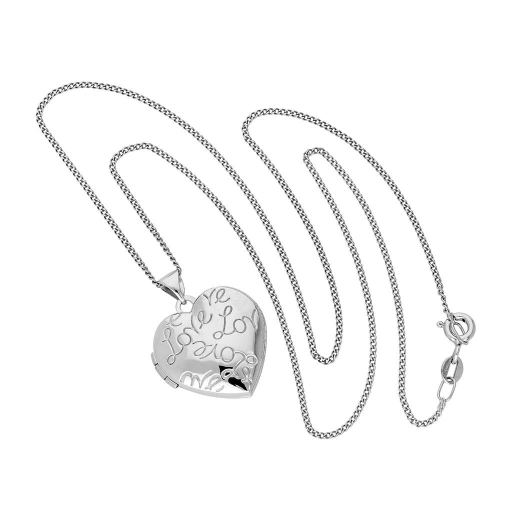 9ct White Gold Heart Love Locket on Chain 16 - 18 Inches