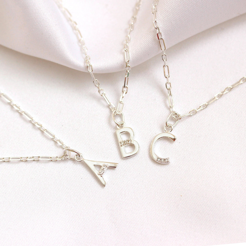 Sterling Silver Triple Diamond Initial Necklace