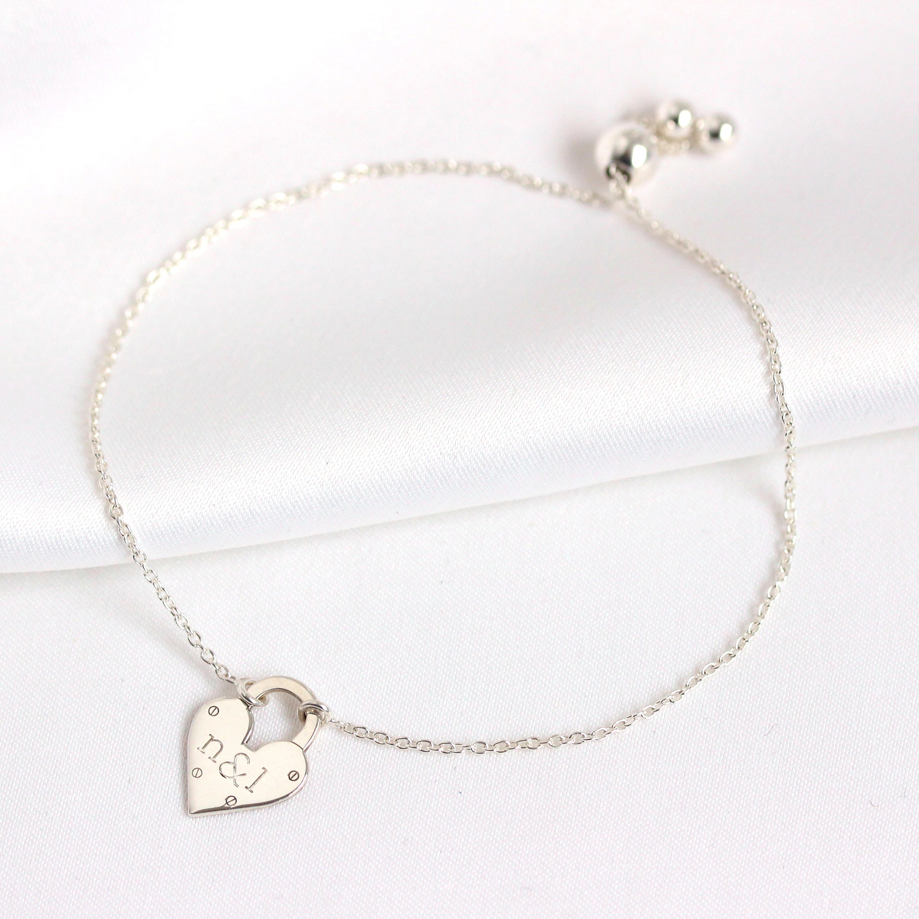 Personalised Sterling Silver Initials Heart Padlock Bracelet