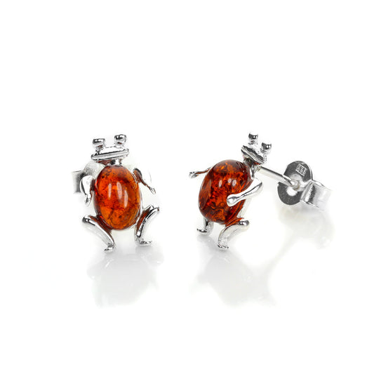 Sterling Silver & Baltic Amber Frog Stud Earrings