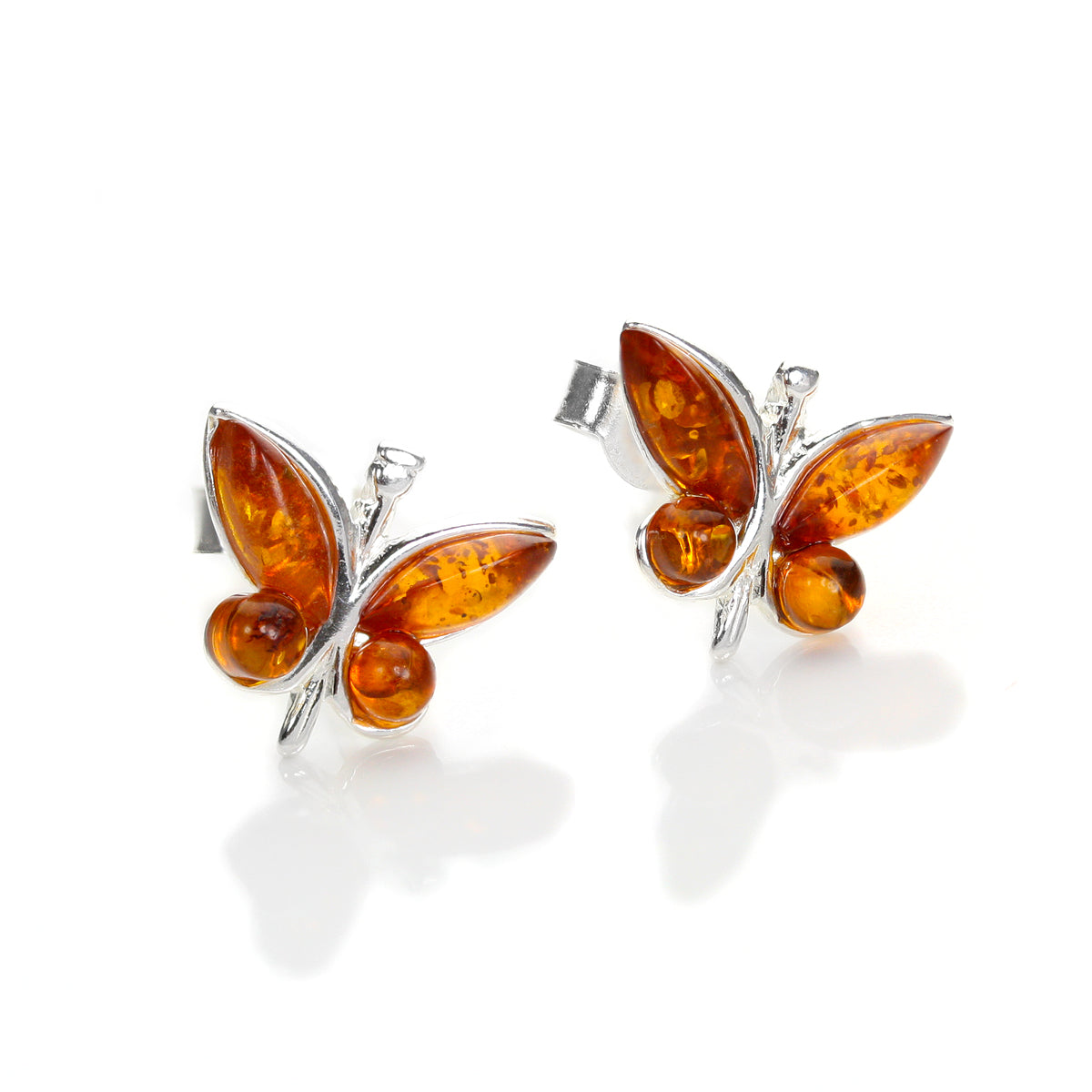 Sterling Silver & Baltic Amber Butterfly Stud Earrings