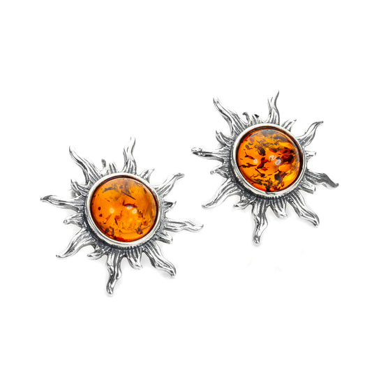 Sterling Silver & Baltic Amber Sun Stud Earrings