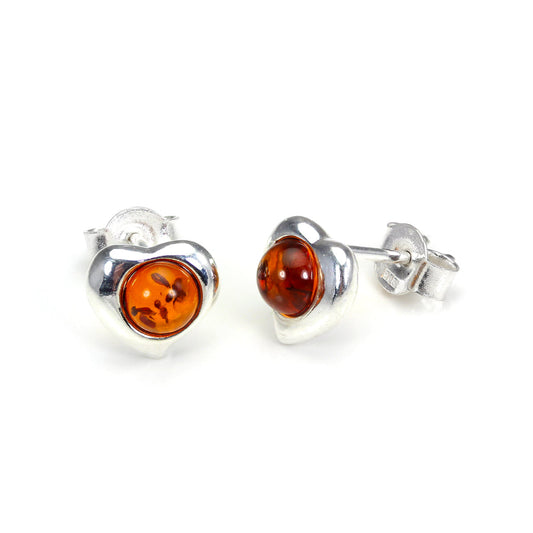 Sterling Silver & Baltic Amber Heart Stud Earrings