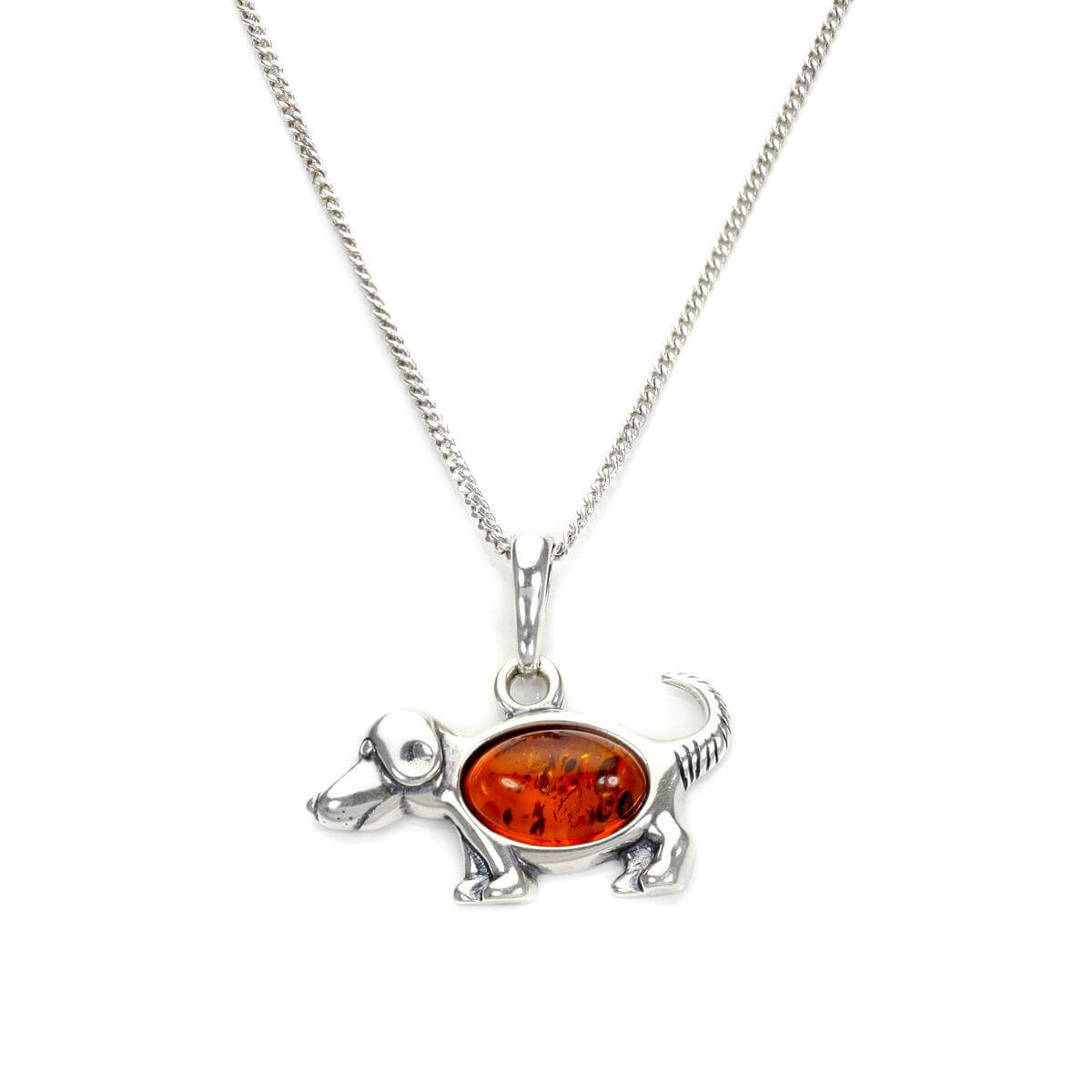 Sterling Silver & Baltic Amber Dog Pendant - 16 - 24 Inches