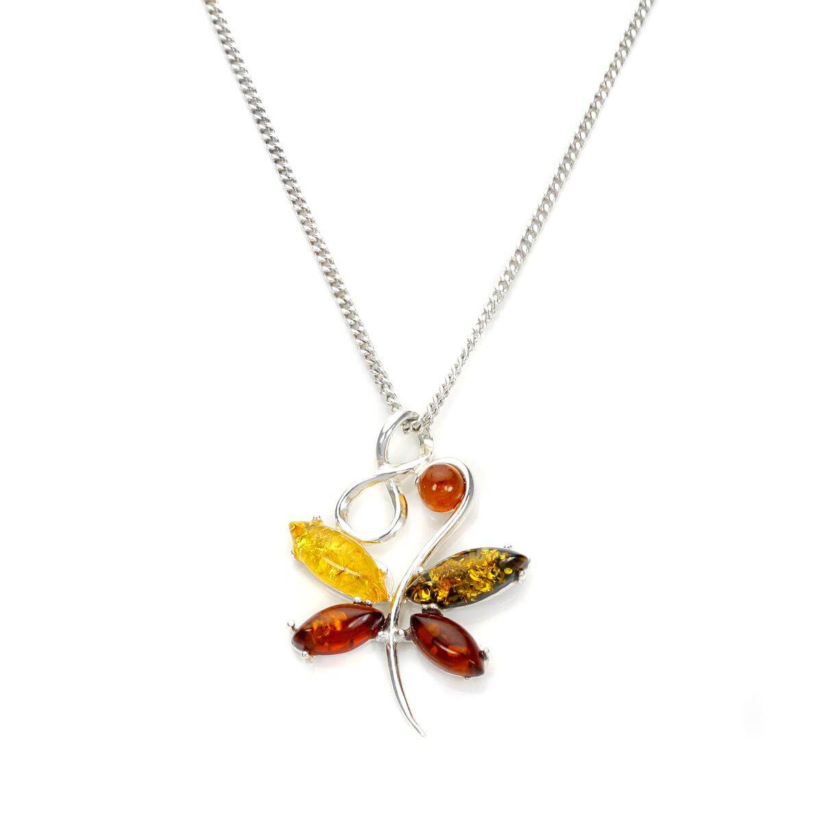 Sterling Silver & Multi Coloured Baltic Amber Butterfly Necklace - 16 - 22 Inches