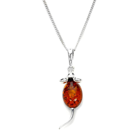 Sterling Silver & Baltic Amber Mouse Pendant - 16 - 22 Inches