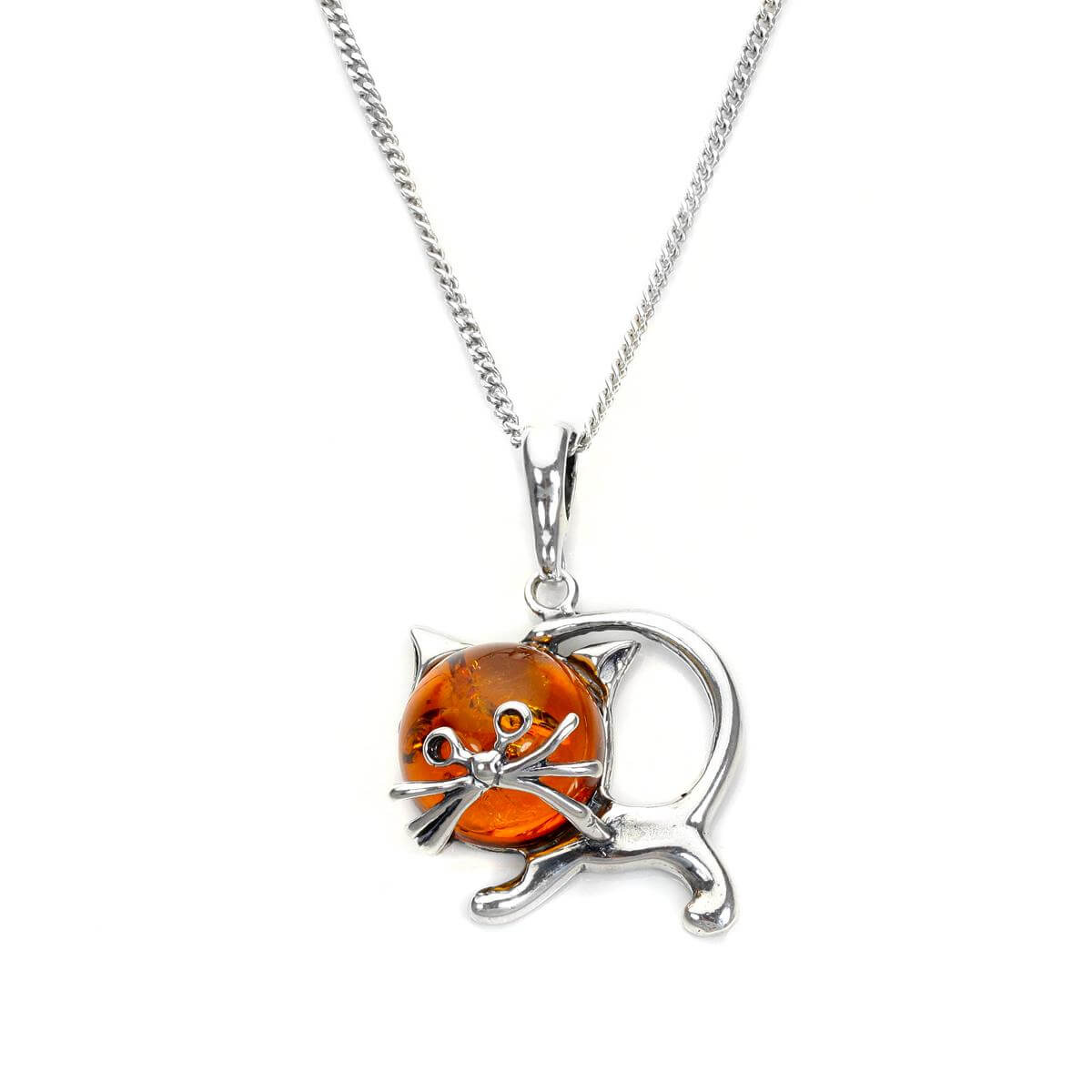 Sterling Silver & Baltic Amber Cat Pendant - 16 - 24 Inches