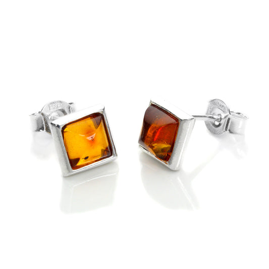 Sterling Silver & Baltic Amber Square Stud Earrings