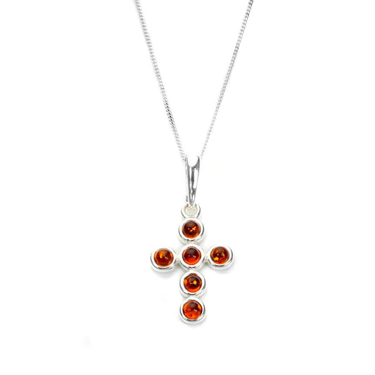 Sterling Silver & Baltic Amber Round Bead Cross Pendant - 16 - 22 Inches
