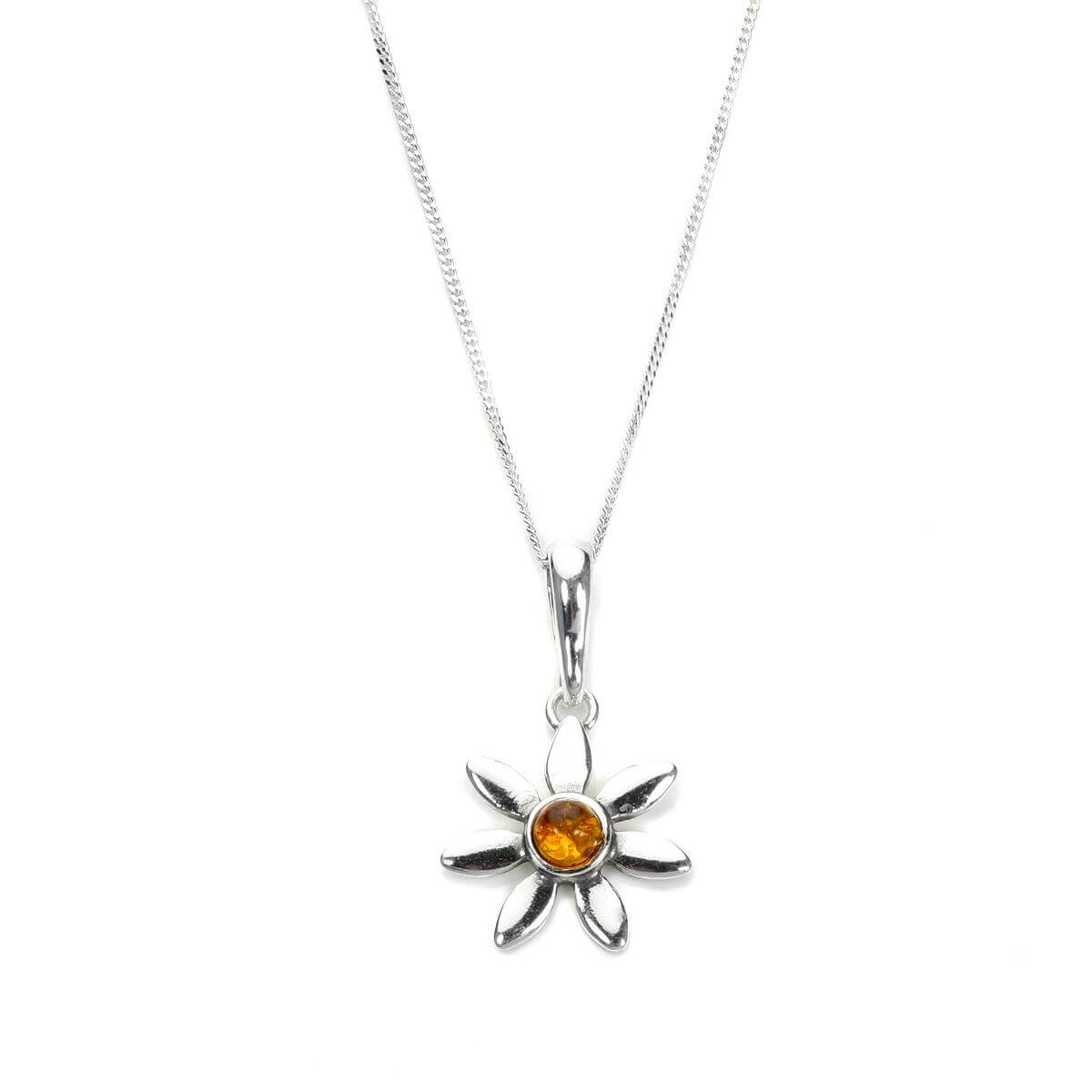 Sterling Silver & Baltic Amber Flower Pendant - 14 - 32 Inches