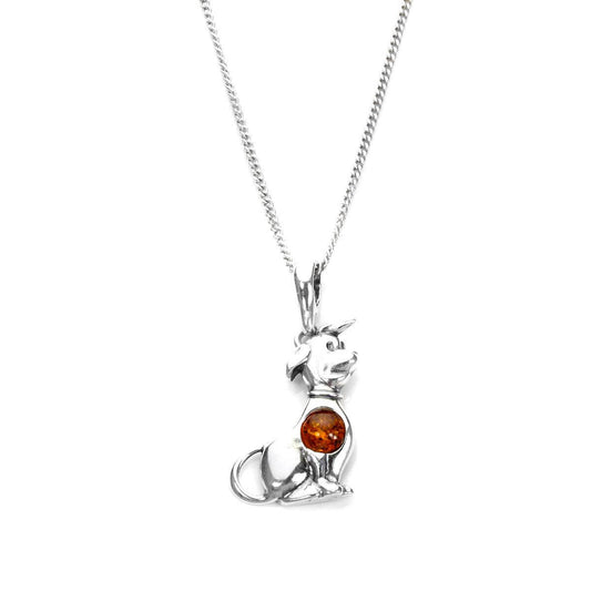 Sterling Silver & Baltic Amber Sitting Dog Pendant - 16 - 22 Inches