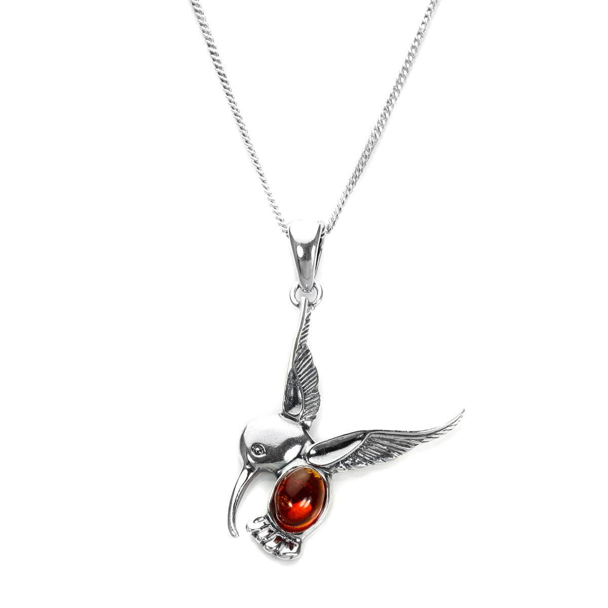 Sterling Silver & Baltic Amber Hummingbird Pendant - 16 - 22 Inches
