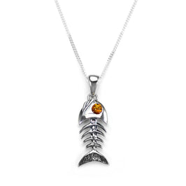 Sterling Silver & Baltic Amber Fish Pendant - 16 - 24 Inches