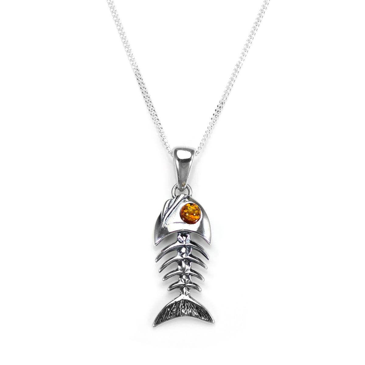 Sterling Silver & Baltic Amber Fish Pendant - 16 - 24 Inches