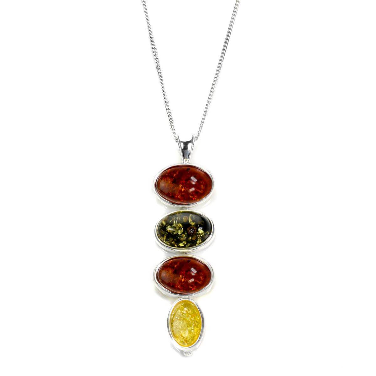 Sterling Silver & Multi-coloured Baltic Amber Drop Pendant - 16 - 22 Inches
