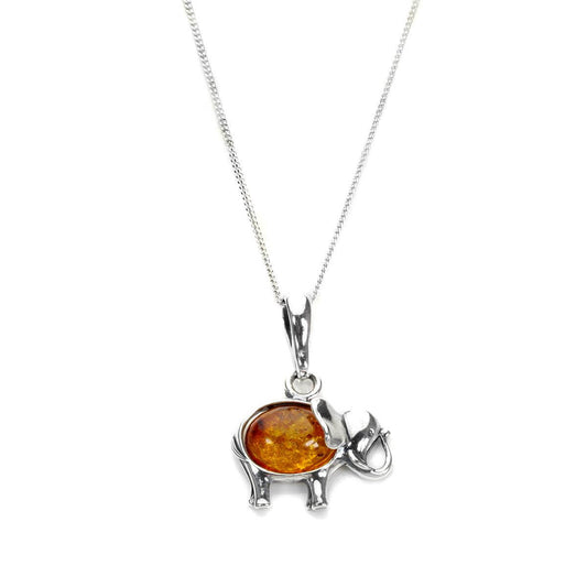 Small Sterling Silver & Baltic Amber Elephant Pendant - 16 - 22 Inches