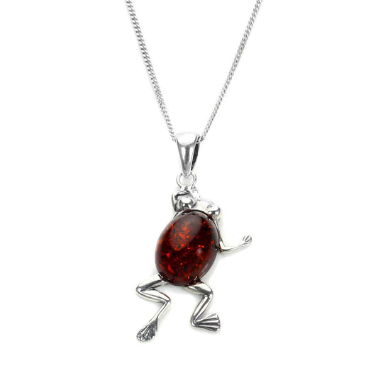 Sterling Silver & Baltic Amber Frog Pendant - 16 - 22 Inches