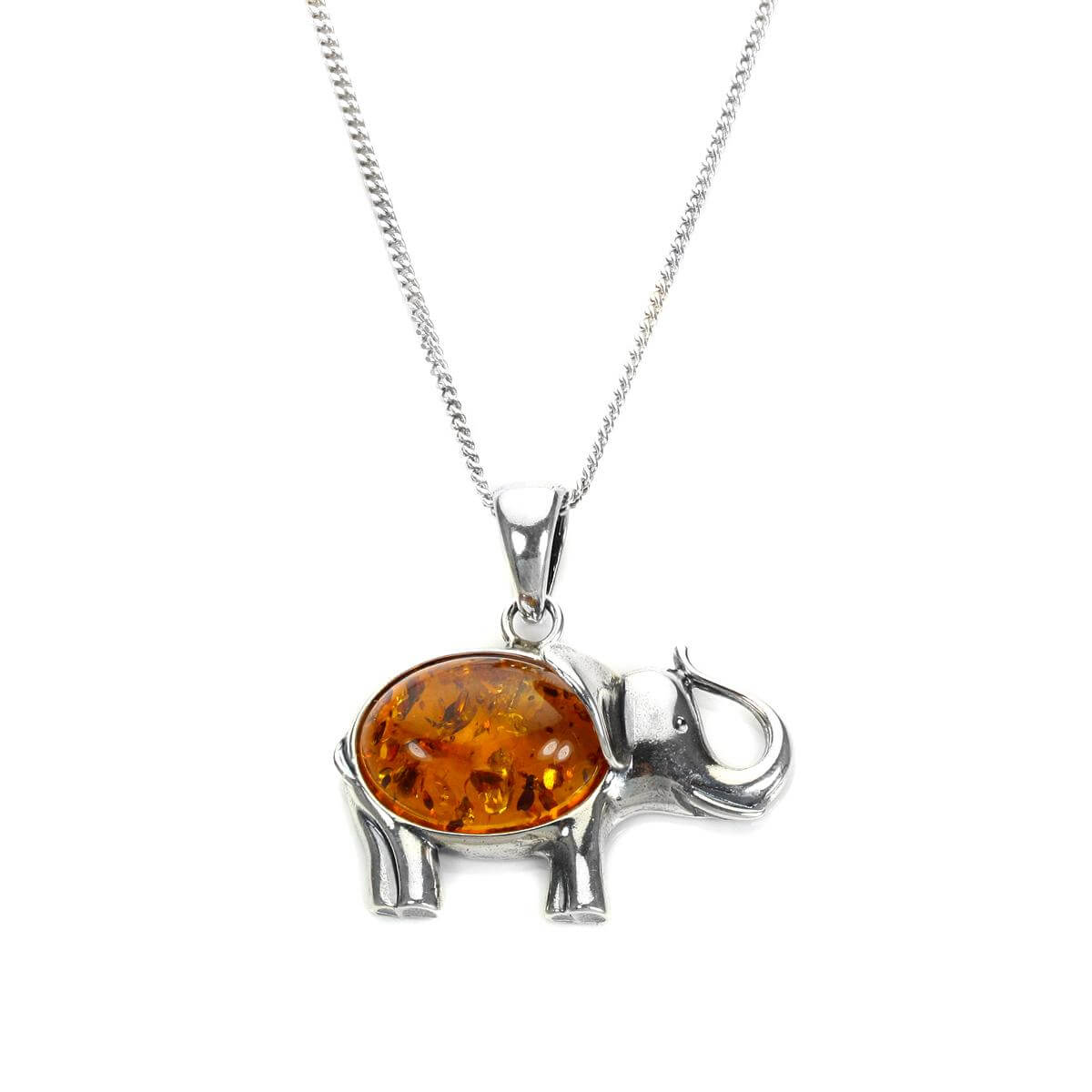 Sterling Silver & Baltic Amber Large Elephant Pendant - 16 - 24 Inches